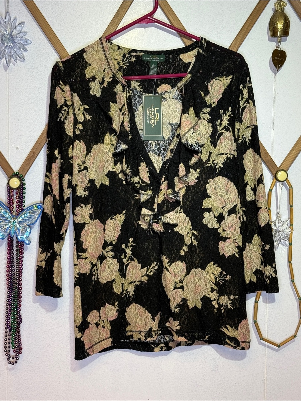 Ralph Lauren Black Floral Ruffle V-Neck Blouse